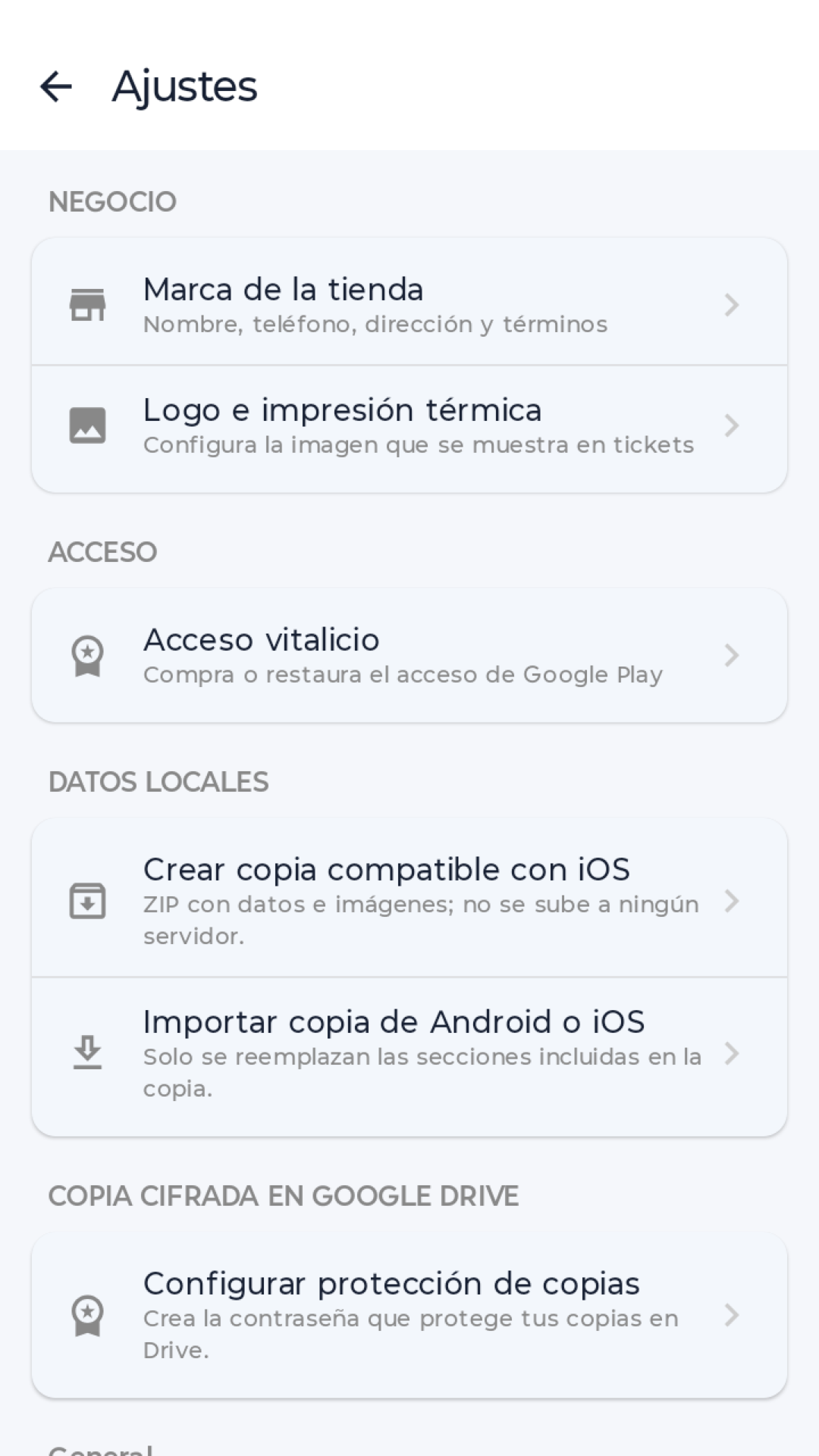Ajustes de copias Android iOS y Google Drive